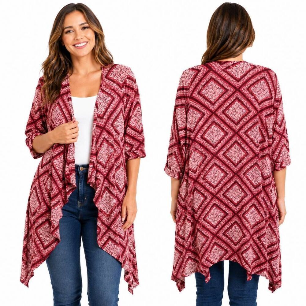 LuLaRoo Large Red/Pink Print Open Front Fly-away Light weight Cover Cardigan